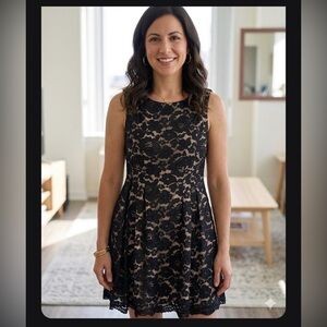 Vince Camuto Black Lace Floral Sheath Dress with Nude Underlay